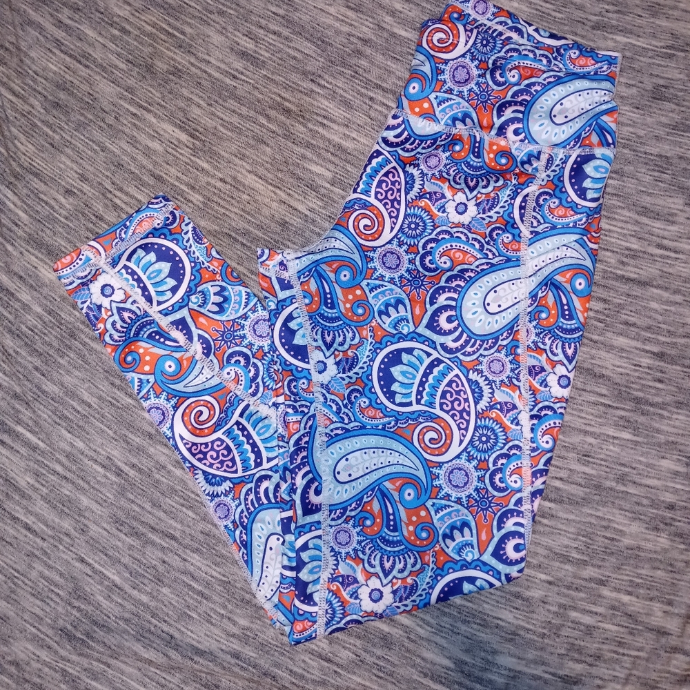 Simply Southern | Paisley Print Leggings w/ Pockets Coral & Blue Women's Size XL
